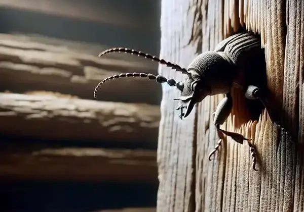 Traitement du bois en Bretagne contre des insectes parasites du bois. Un insecte, type capricorne des maisons, sort sa tête d'une poutre de charpente.