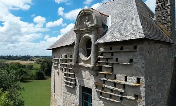 vue aérienne de la couverture en ardoise d'un manoir breton