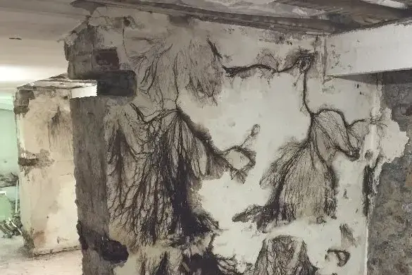 le coniophore des caves sur les murs d'un sous sol.