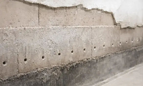 Mur endommagé avec des trous percés pour injecter le traitement contre l’humidité des murs.